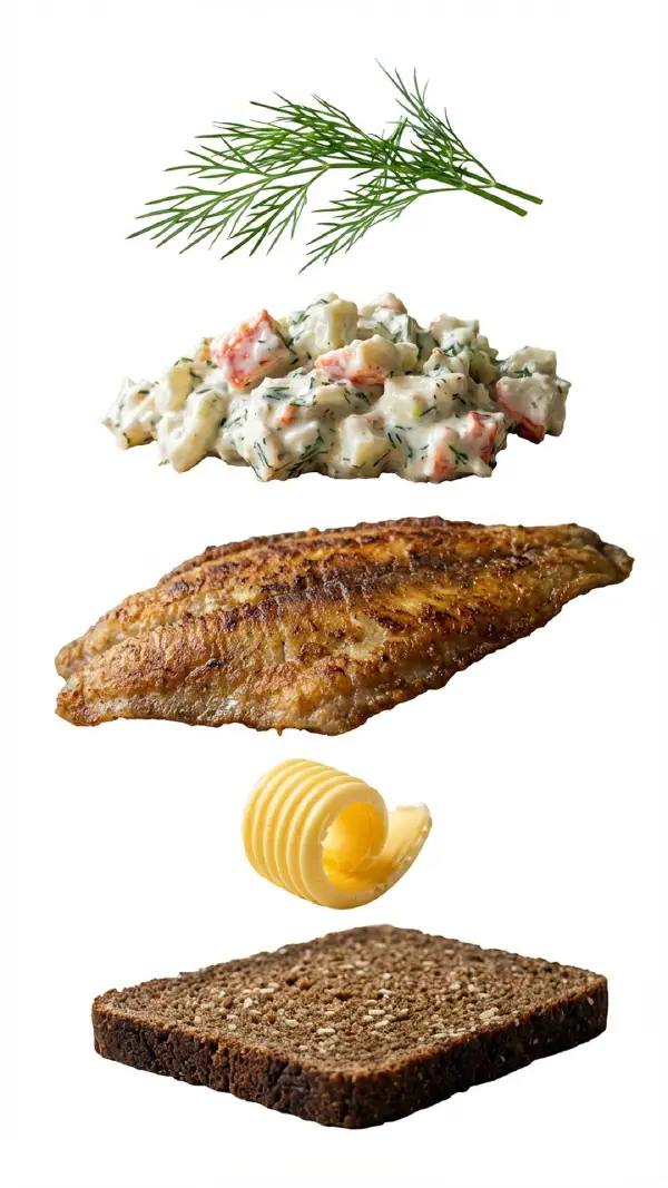 Fried plaice fillet with crab salad assembly © kvalifood.com