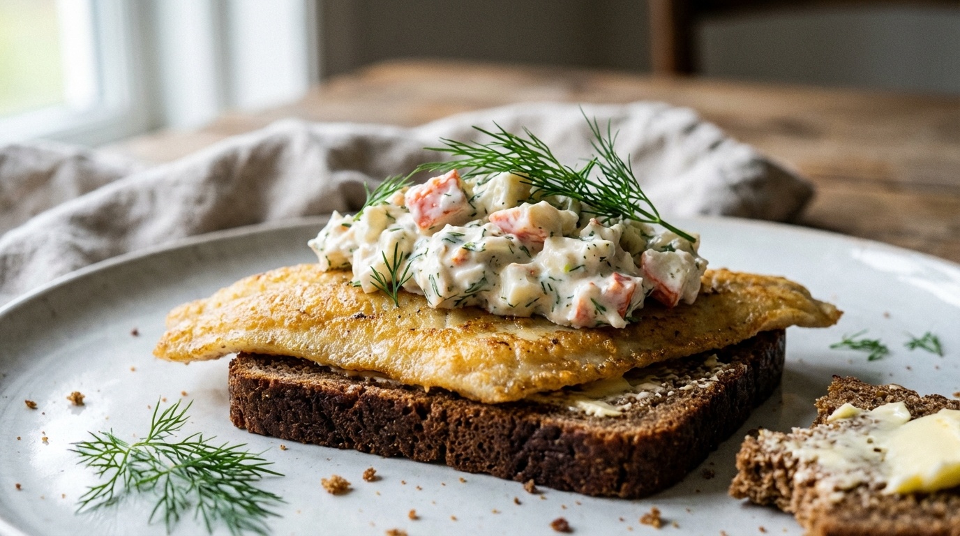Fried plaice fillet with crab salad