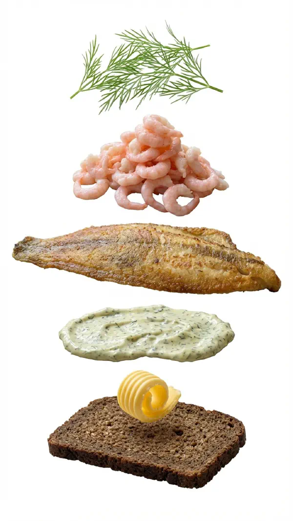 Fried plaice fillet with prawns and herb mayo assembly © kvalifood.com