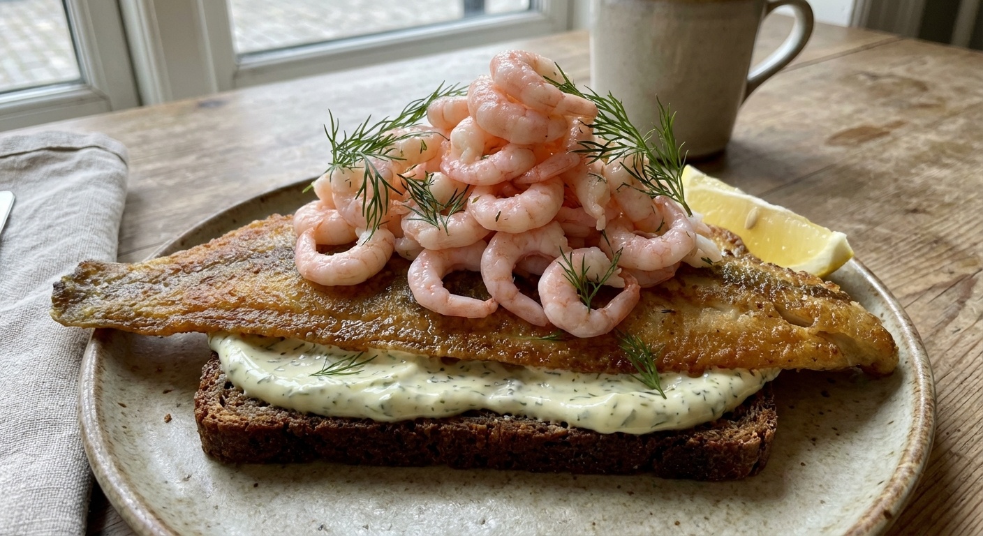 Fried plaice fillet with prawns and herb mayo