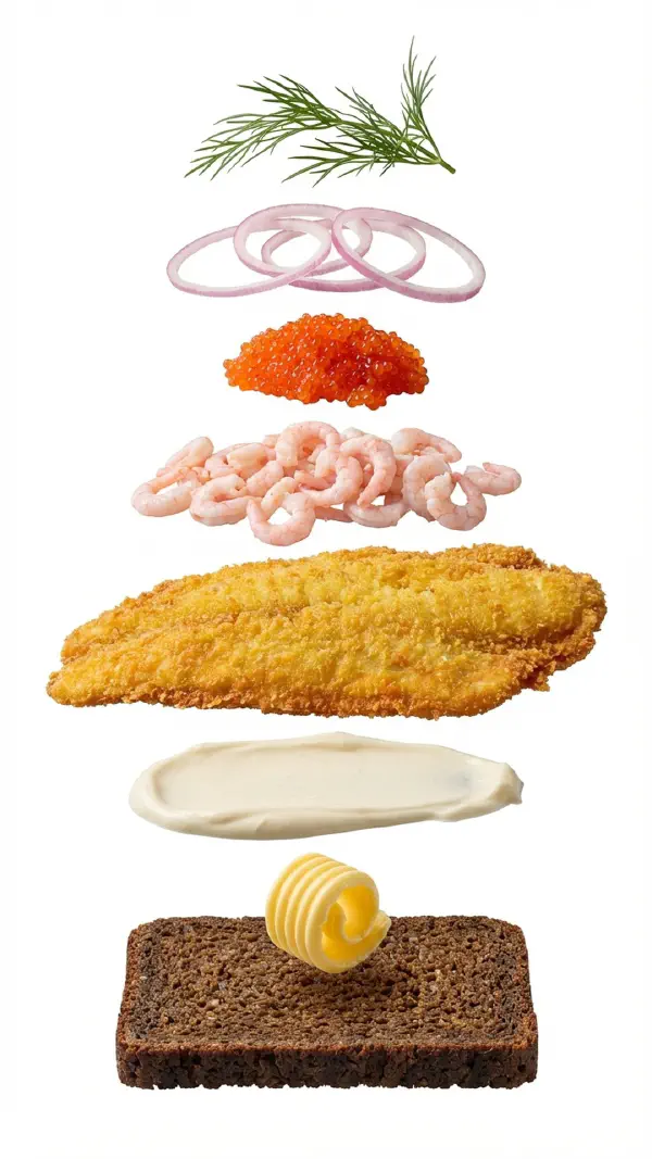 Fried plaice fillet with prawns and lumpfish roe assembly © kvalifood.com