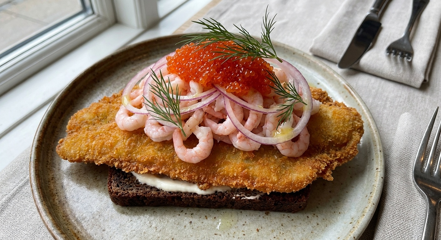 Fried plaice fillet with prawns and lumpfish roe