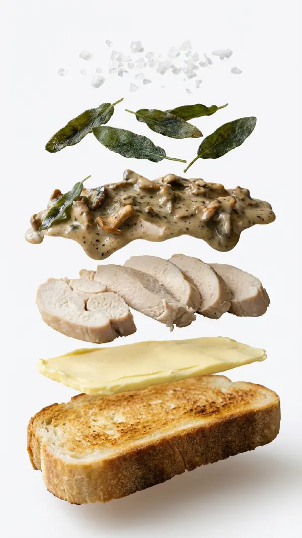 Poached chicken with mushrooms and sage assembly © kvalifood.com