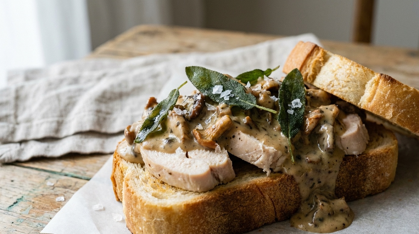 Smørrebrød with Poached Chicken, Mushrooms and Sage