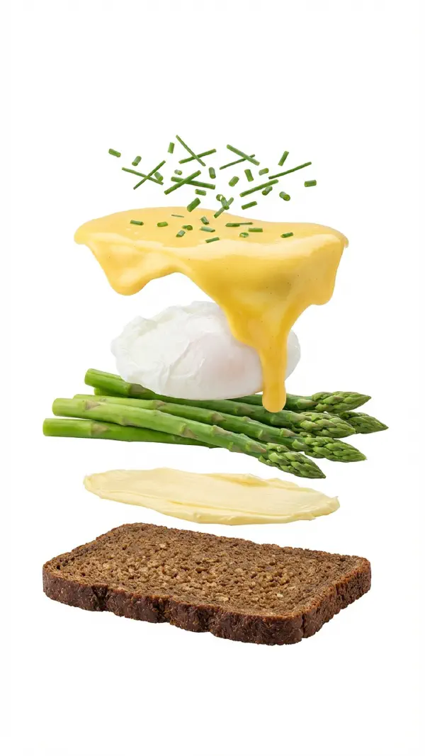 Poached egg with asparagus and hollandaise assembly © kvalifood.com