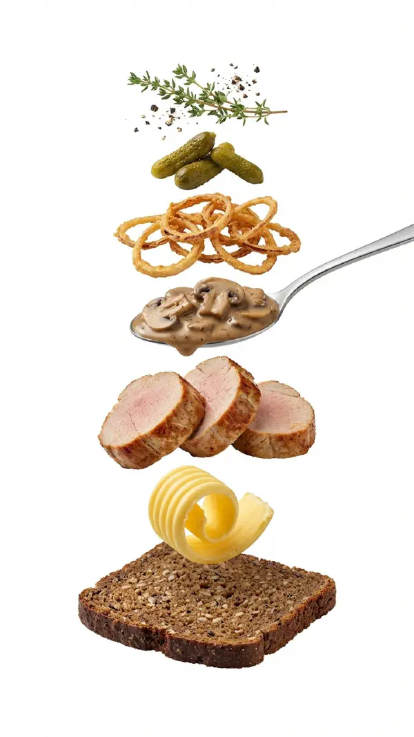 Pork tenderloin slices with mushroom cream and crispy onions assembly © kvalifood.com