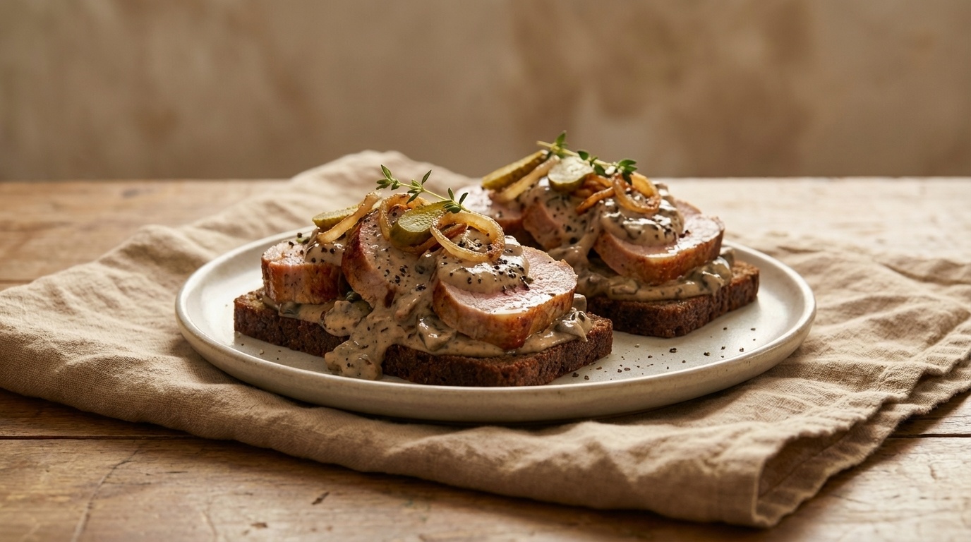 Smørrebrød with Pork Tenderloin, Mushroom Cream and Crispy Onions