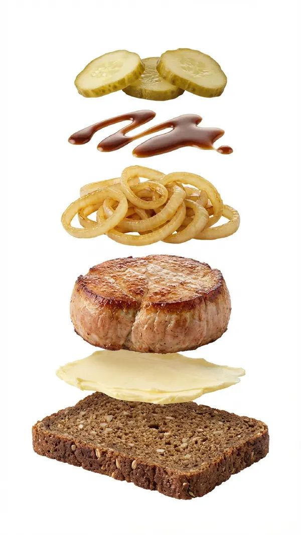 Pork tenderloin steak with gravy and soft onions assembly © kvalifood.com