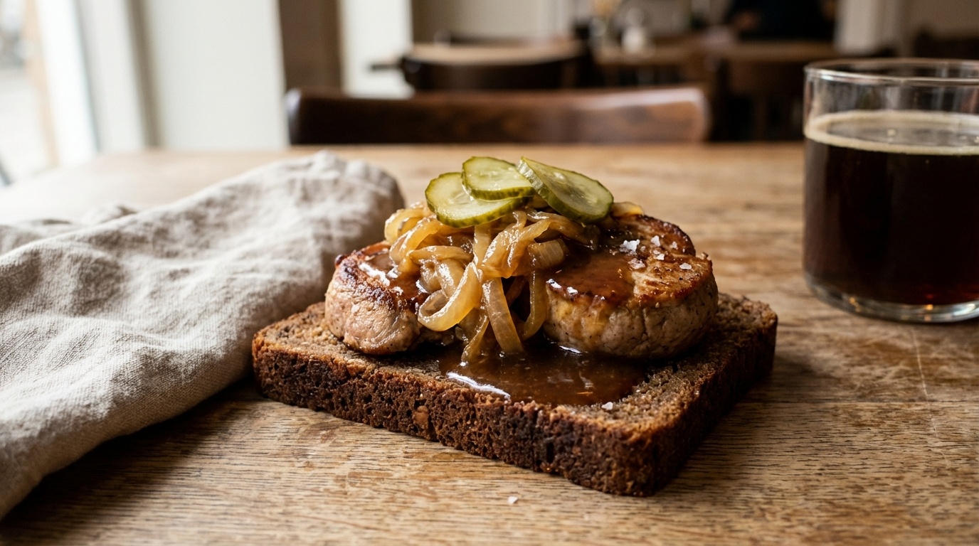 Smørrebrød with Pork Tenderloin Steak, Gravy and Soft Onions
