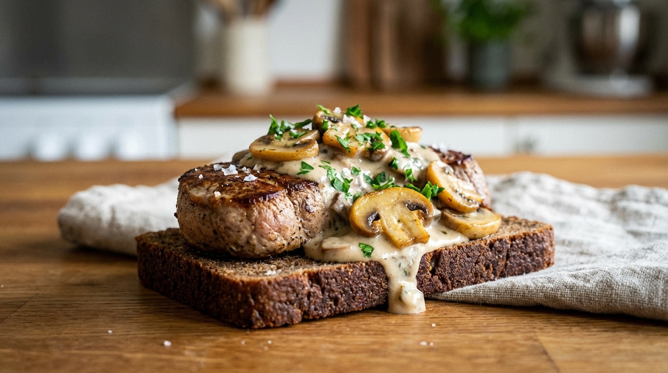 Smørrebrød with Pork Tenderloin Steak and Mushroom Cream