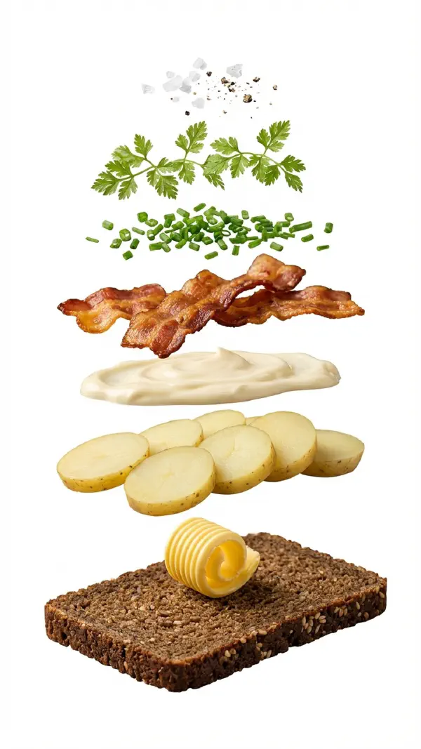 Potato with bacon, chervil and fleur de sel assembly © kvalifood.com