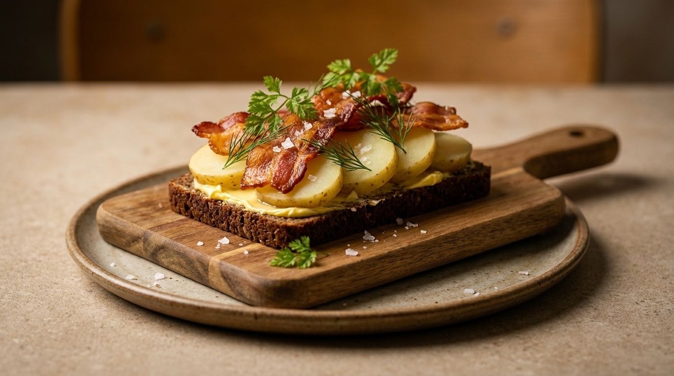 Smørrebrød with Potato, Bacon, Chervil and Fleur de Sel