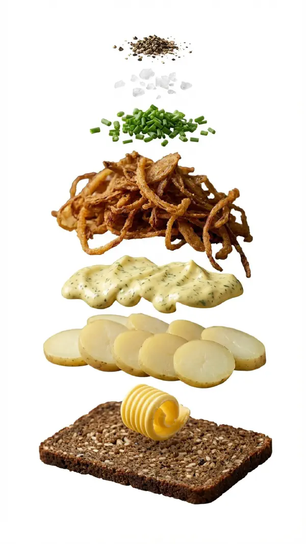 Potato with fried onions and dill mayo assembly © kvalifood.com