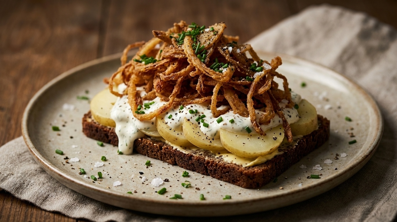 Smørrebrød with Potato, Fried Onions and Dill Mayo