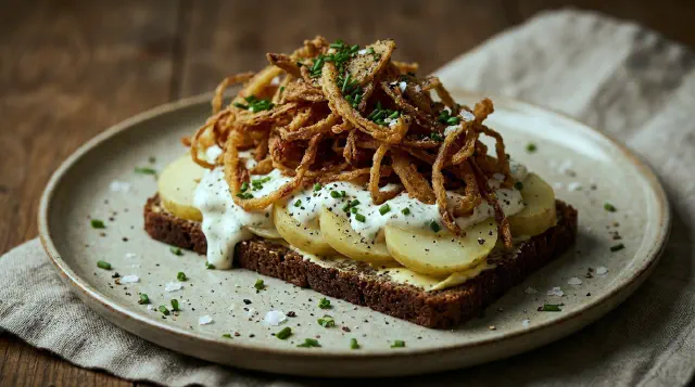 Smørrebrød with Potato, Fried Onions and Dill Mayo