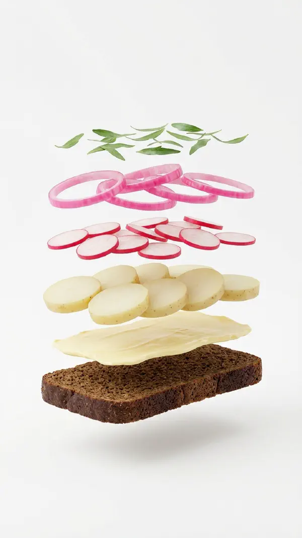 Potato with pickled red onion and radishes assembly © kvalifood.com