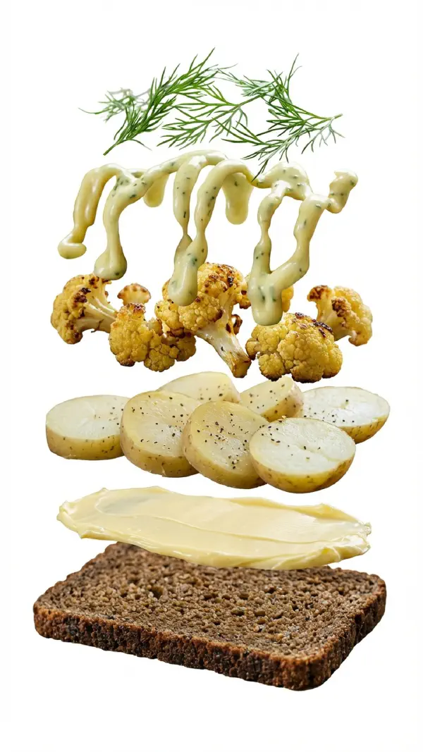 Potato with roasted cauliflower and lemon parsley mayo assembly © kvalifood.com