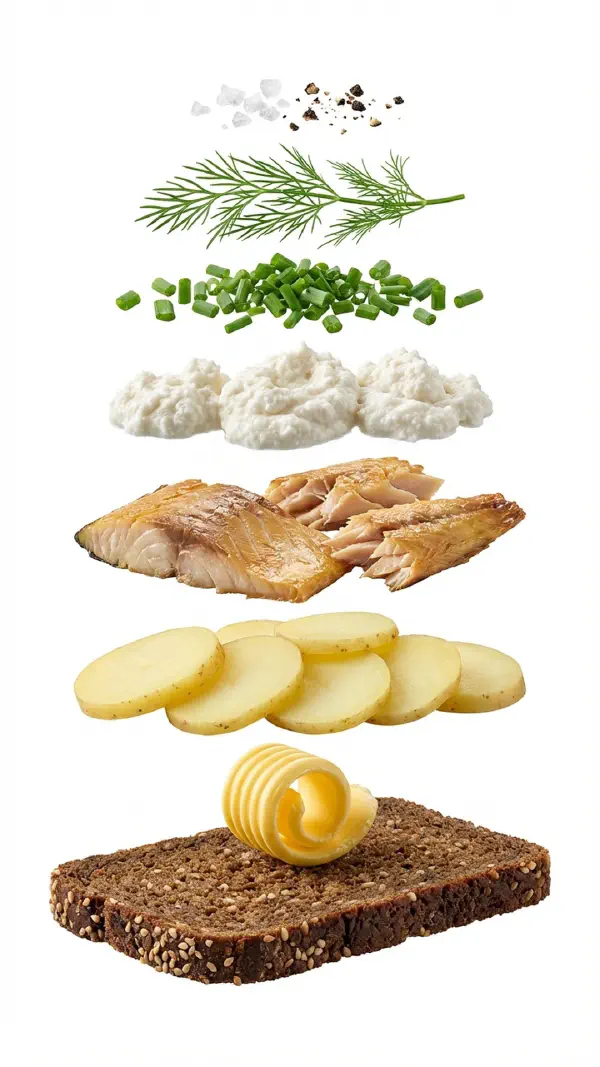 Potato with smoked mackerel and horseradish mousse assembly © kvalifood.com