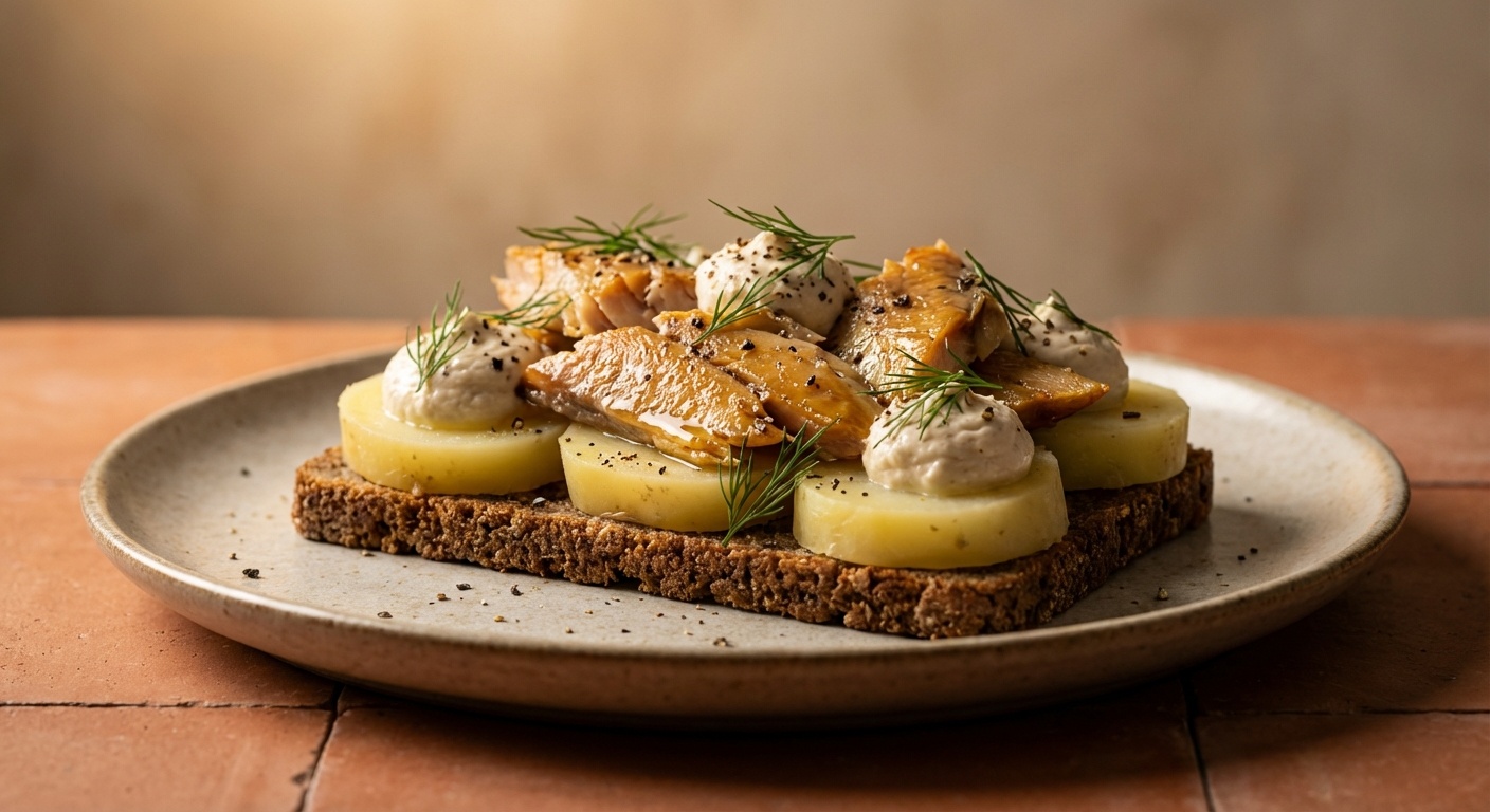 Smørrebrød with Potato, Smoked Mackerel and Horseradish Mousse