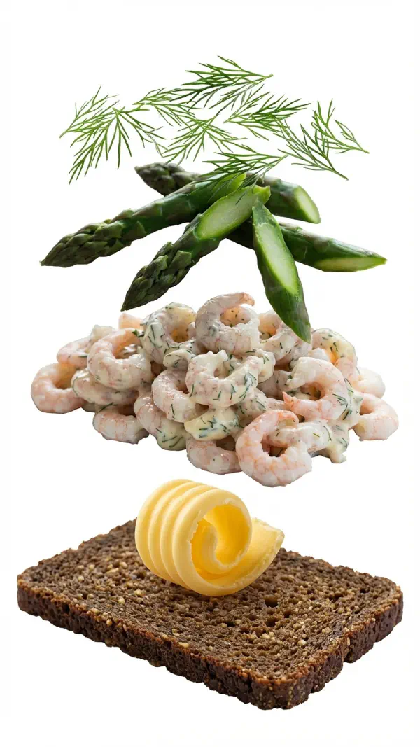 Prawn salad with asparagus and dill assembly © kvalifood.com