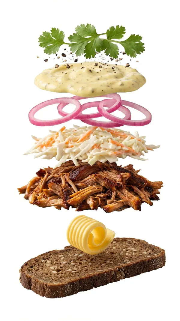 Pulled pork smørrebrød with coleslaw and pickled red onions assembly © kvalifood.com