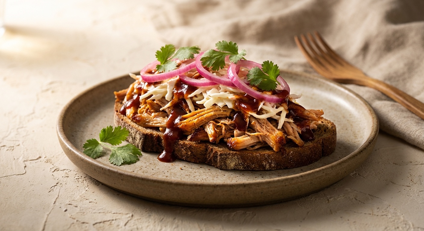 Smørrebrød with Pulled Pork, Coleslaw and Pickled Red Onions