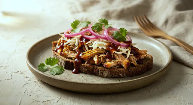 Smørrebrød with Pulled Pork, Coleslaw and Pickled Red Onions