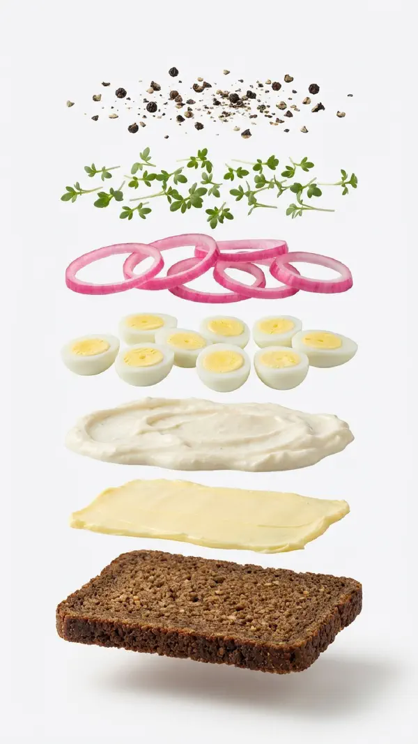 Quail egg assembly with horseradish mayo and pickled onions © kvalifood.com