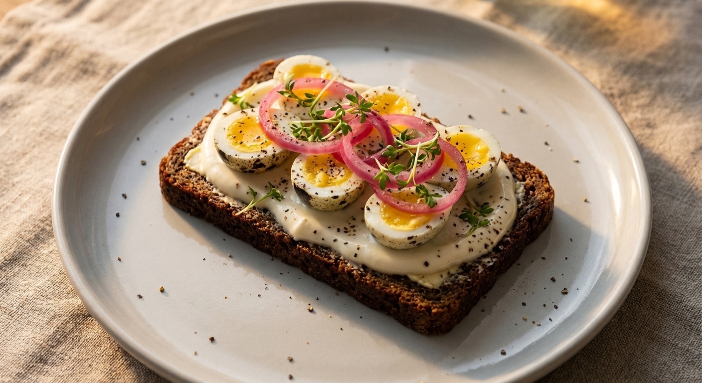 Smørrebrød with Quail Eggs, Horseradish Mayo and Pickled Onions