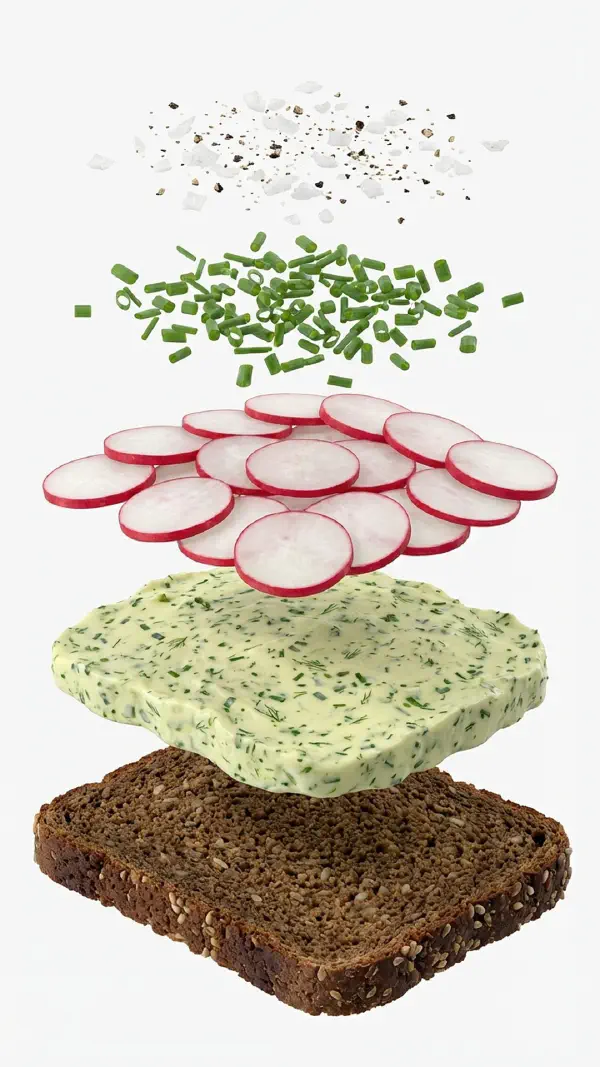 Radishes with herb butter and flaky salt assembly © kvalifood.com