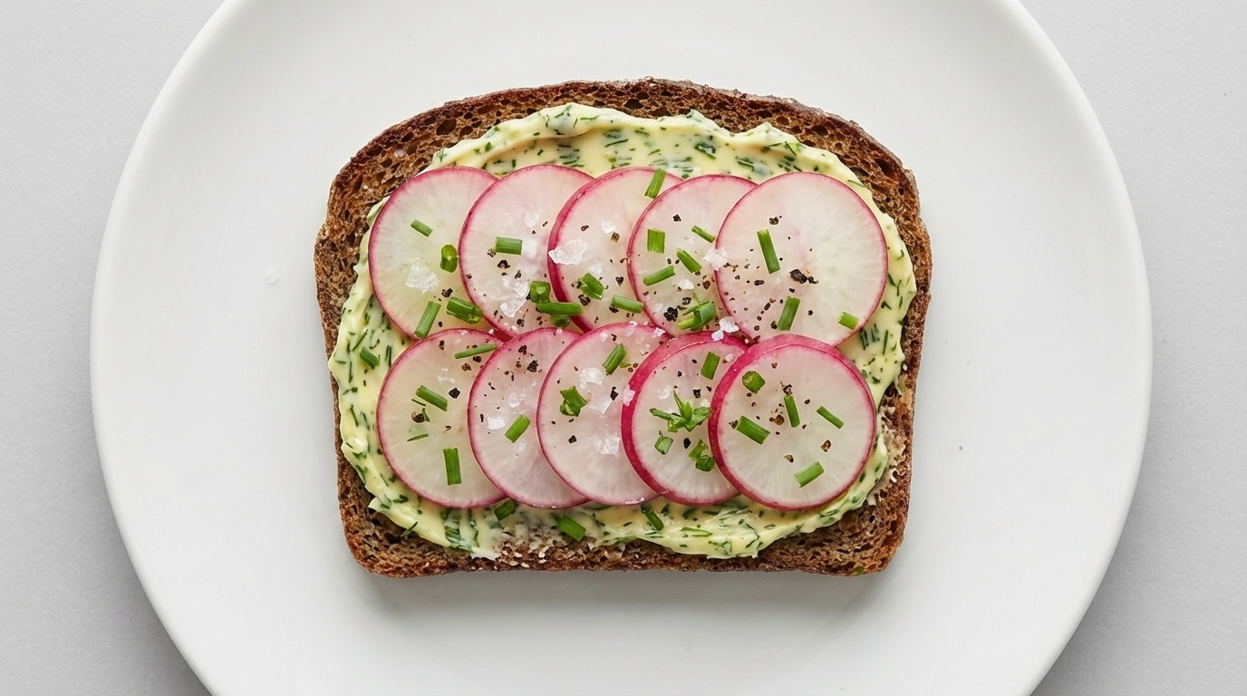 Smørrebrød with Radishes, Herb Butter and Flaky Salt