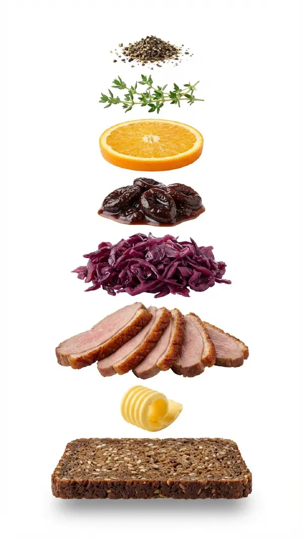 Roast duck with red cabbage and prune compote assembly © kvalifood.com
