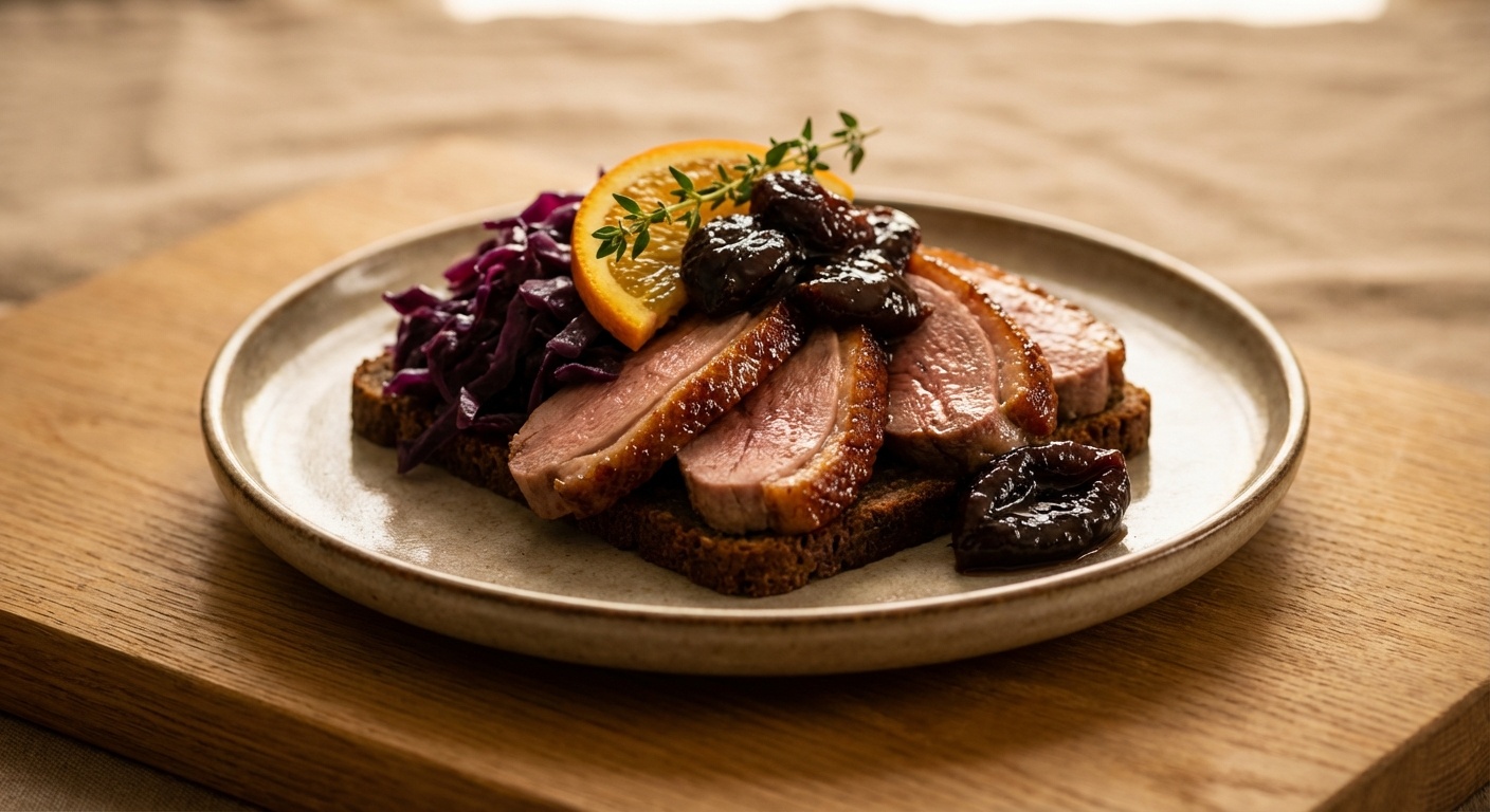 Smørrebrød with Roast Duck, Red Cabbage and Prune Compote