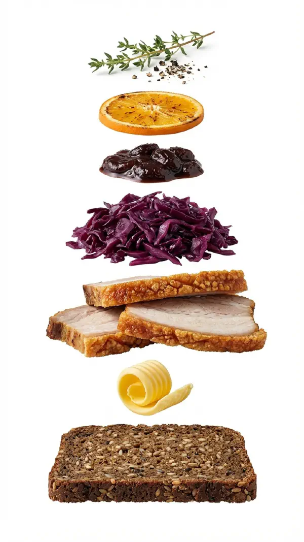 Roast pork with prune compote and red cabbage assembly © kvalifood.com