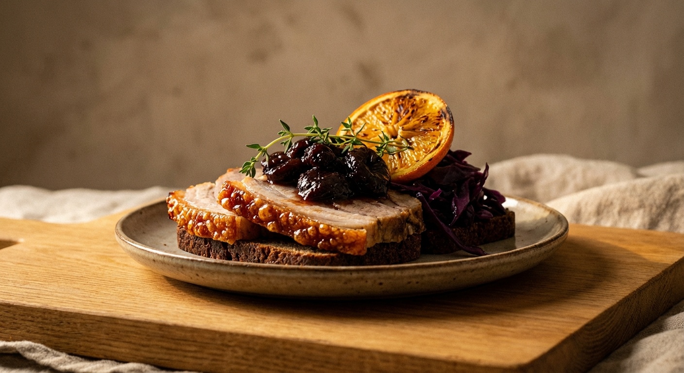 Smørrebrød with roast pork, prune compote and red cabbage