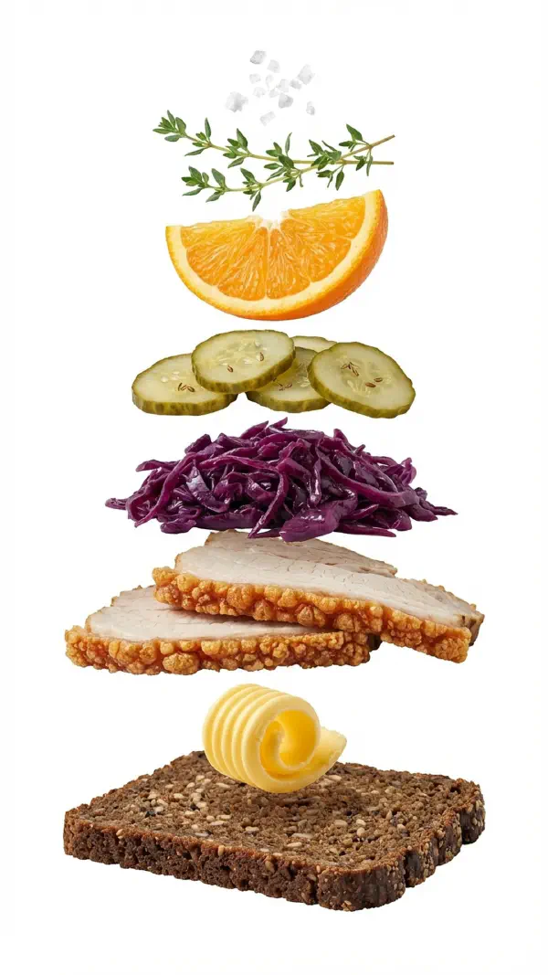 Roast pork with red cabbage and pickled cucumber assembly © kvalifood.com