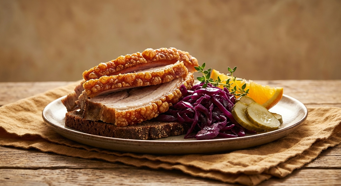 Smørrebrød with Roast Pork, Red Cabbage and Pickled Cucumber