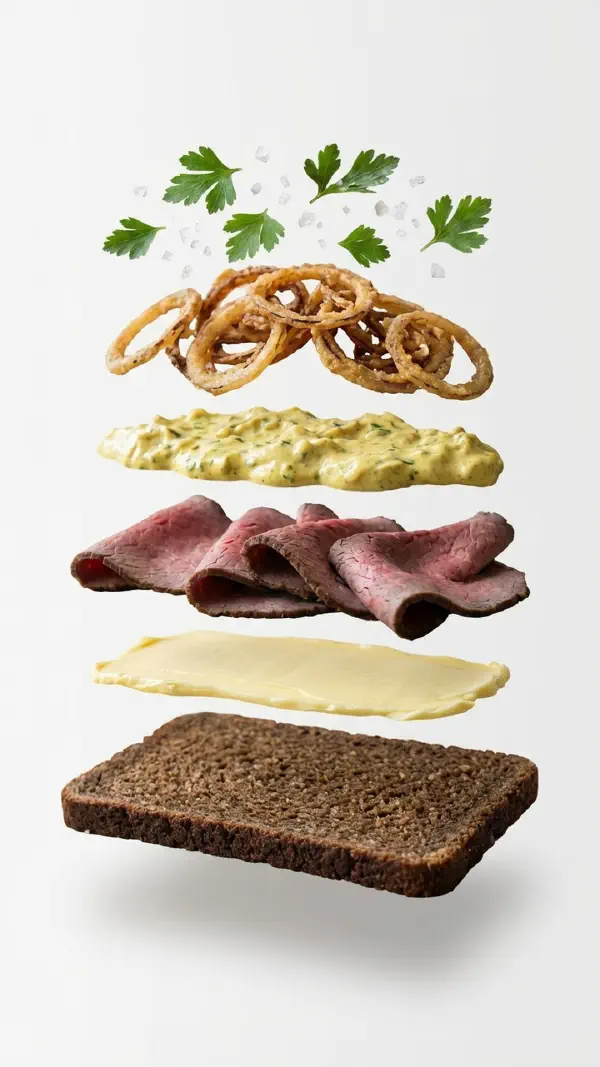 Roastbeef with curry salad and fried onions assembly © kvalifood.com