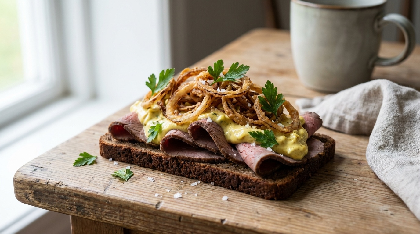 Roastbeef with curry salad and fried onions