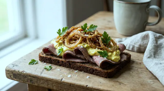 Roastbeef with curry salad and fried onions