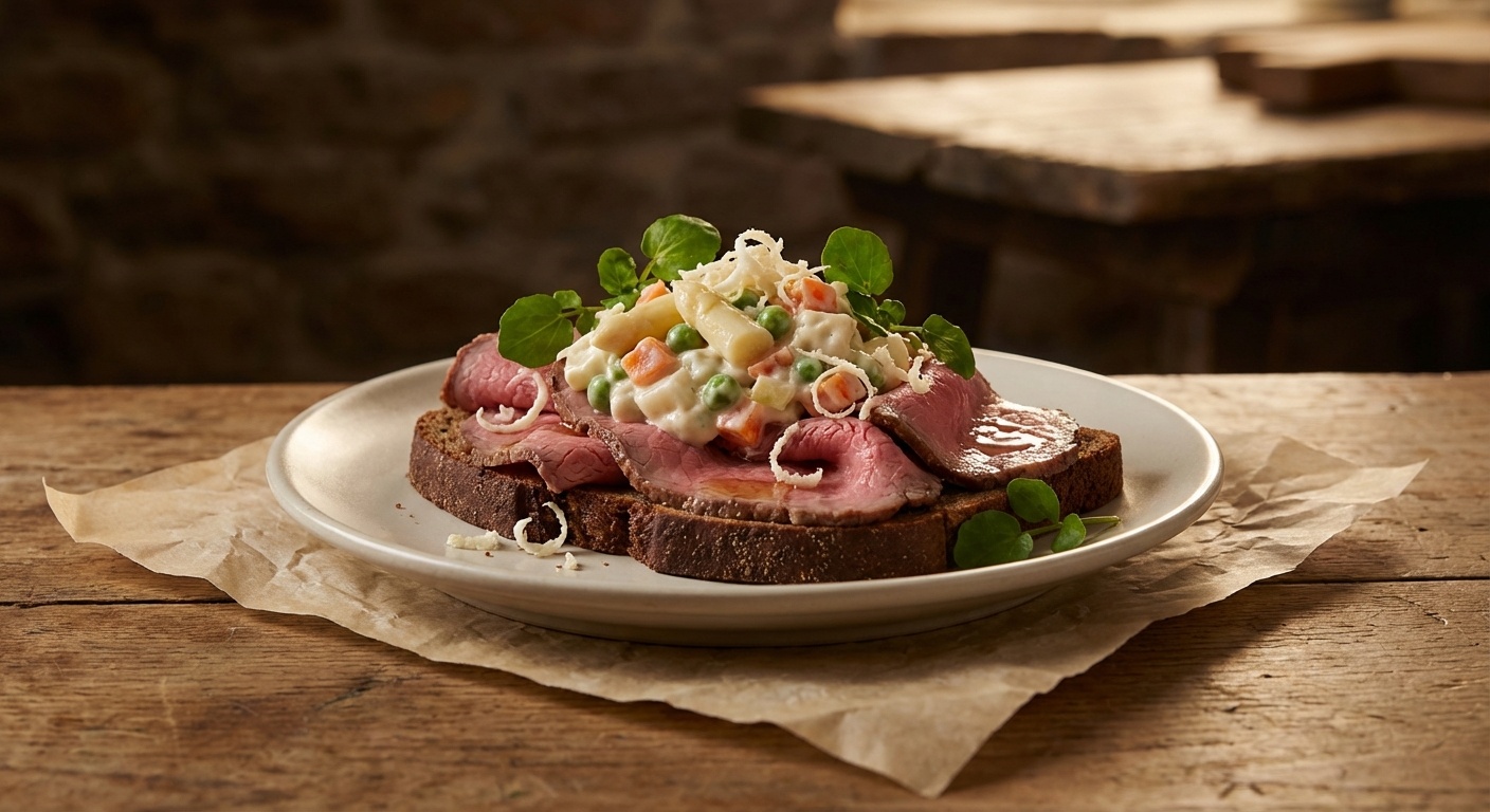 Smørrebrød with roastbeef, Italian salad and horseradish