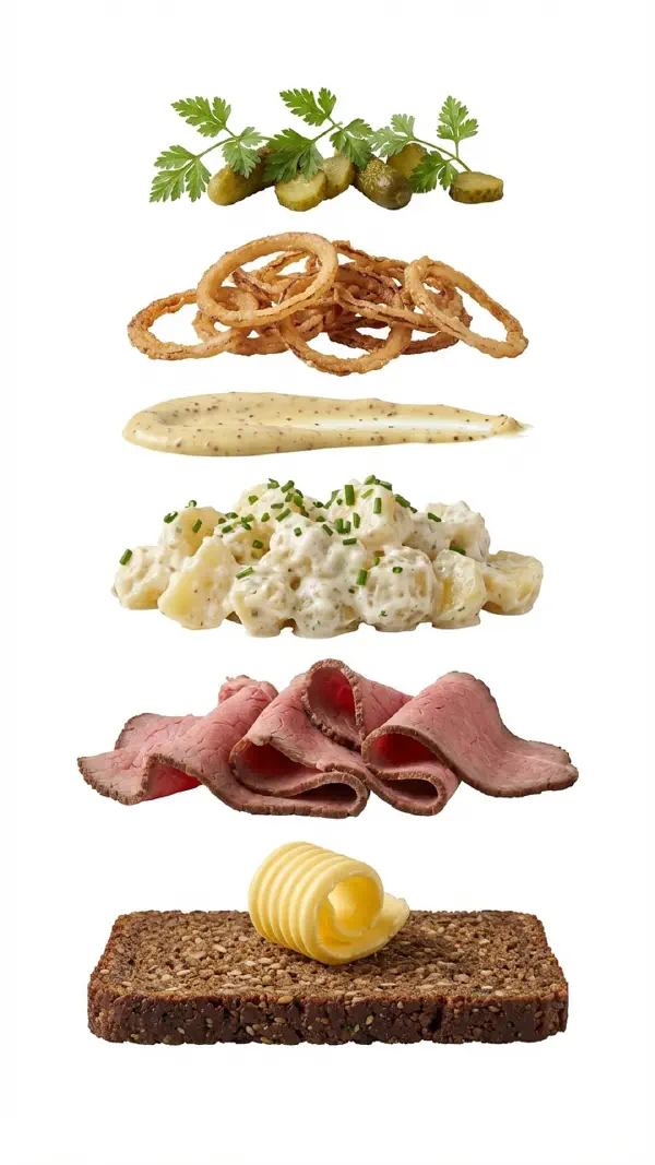 Roastbeef with potato salad and mustard cream assembly © kvalifood.com