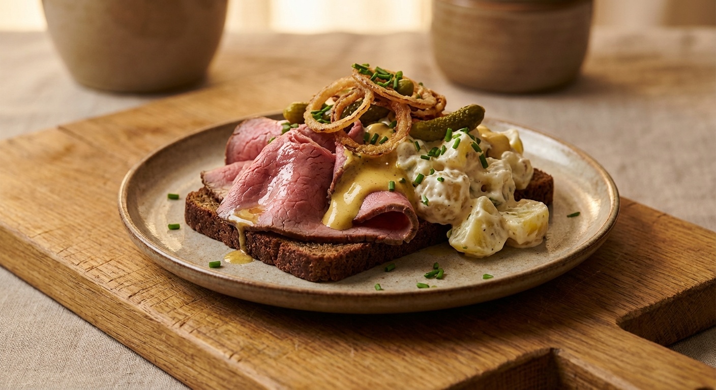Smørrebrød with roastbeef, potato salad and mustard cream