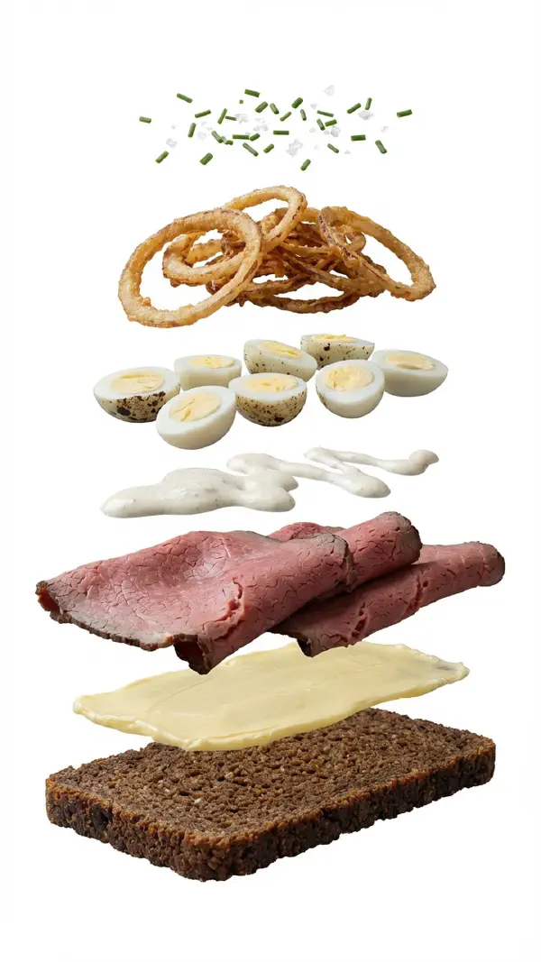 Roastbeef with quail eggs and horseradish emulsion assembly © kvalifood.com