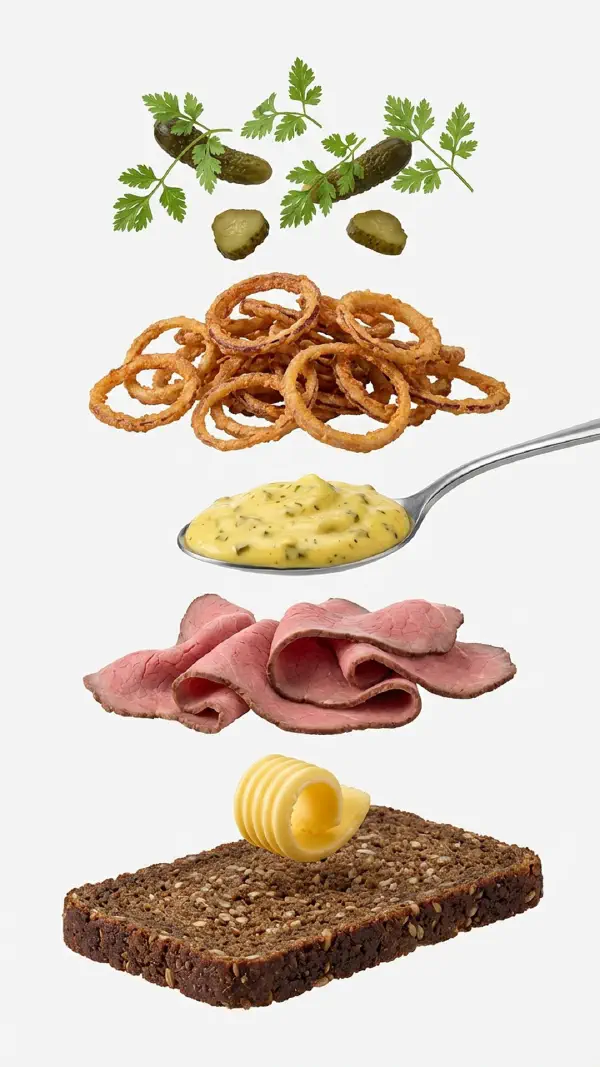 Roastbeef with remoulade and crispy onions assembly © kvalifood.com