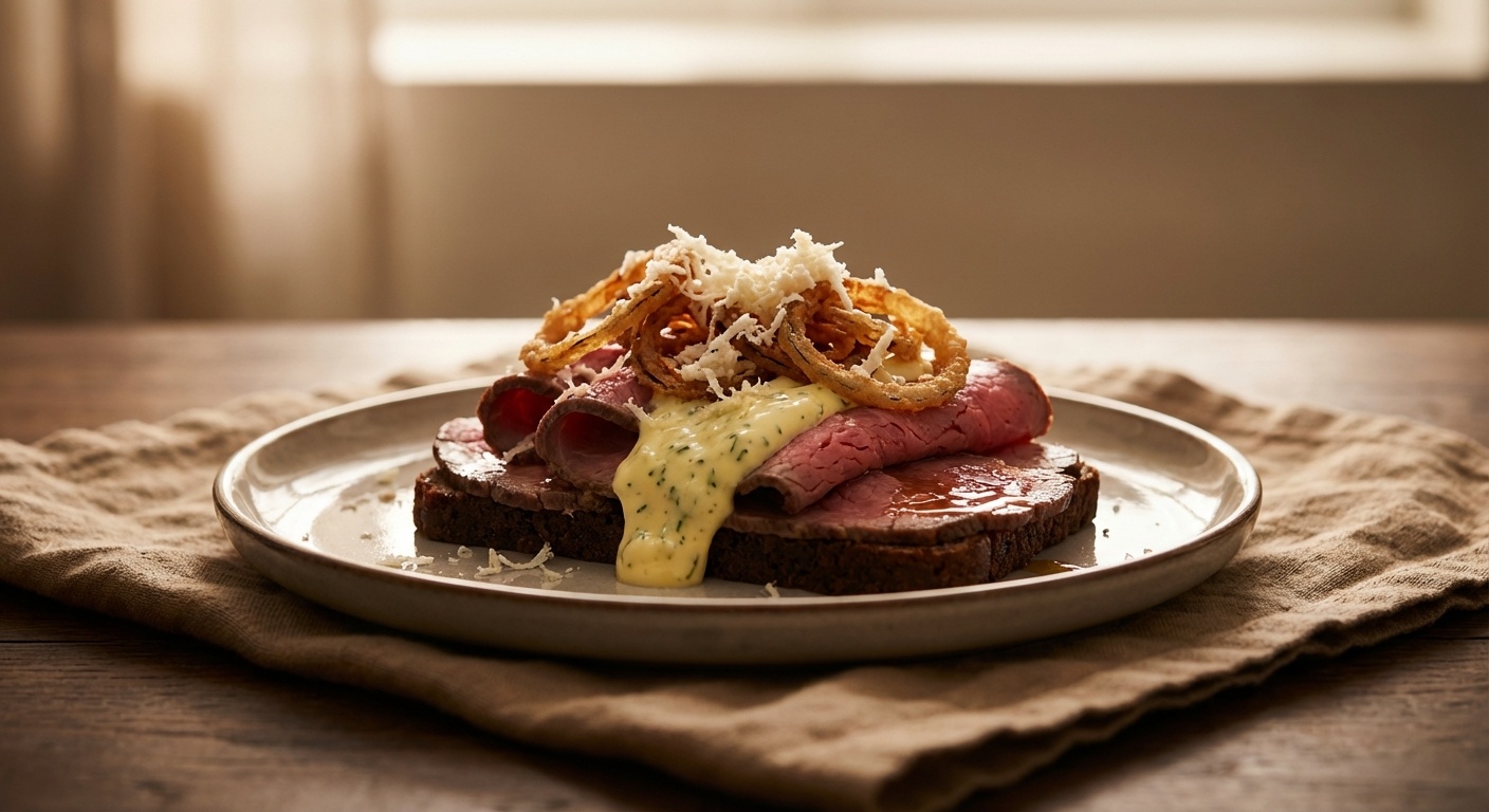 Smørrebrød with roastbeef, remoulade and crispy onions