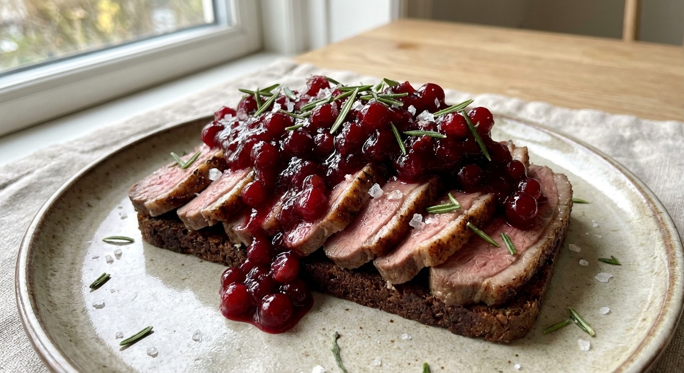 Smørrebrød with Roe Deer, Lingonberries and Rosemary