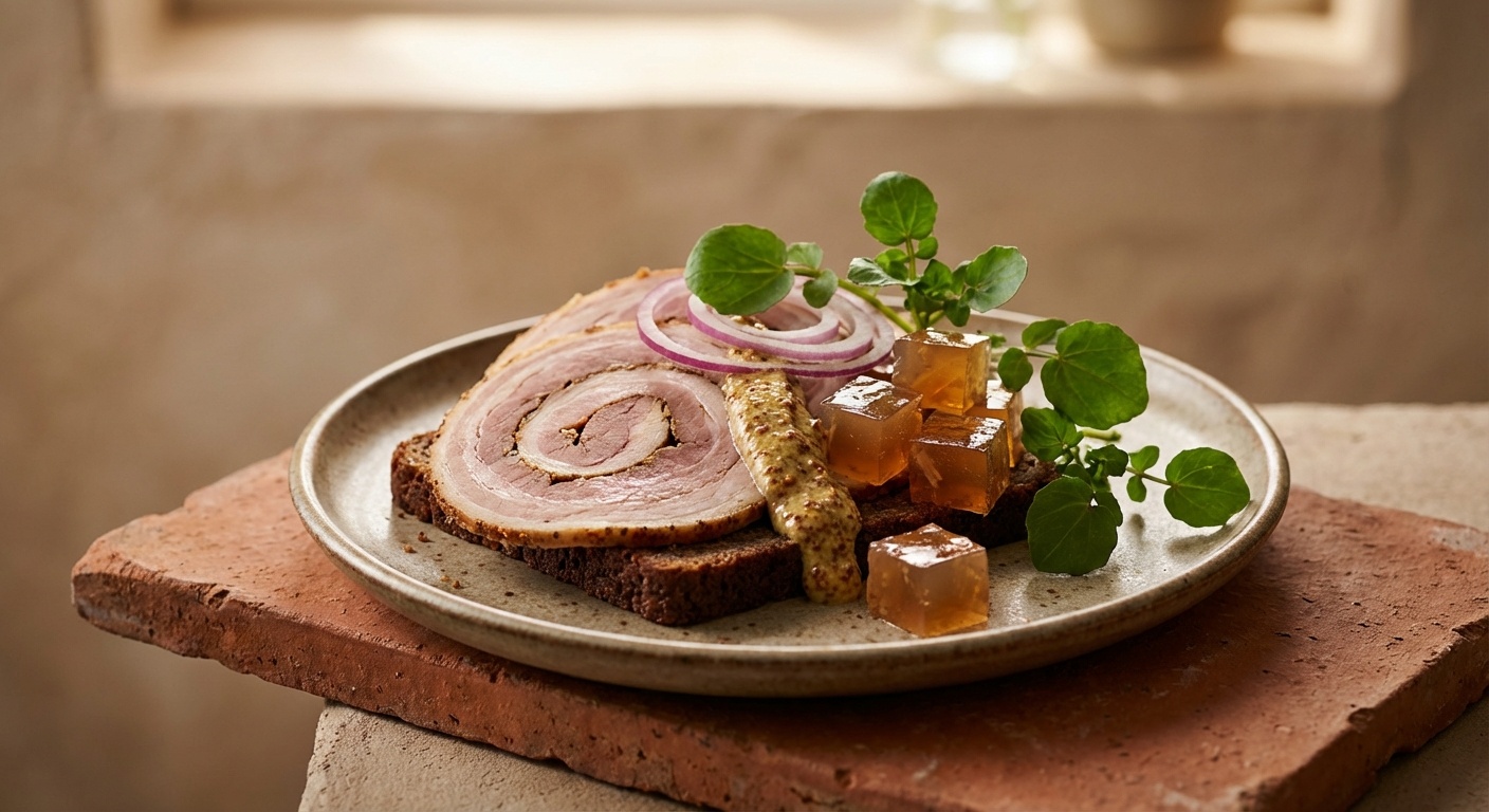 Smørrebrød with Rullepølse, Meat Jelly and Mustard