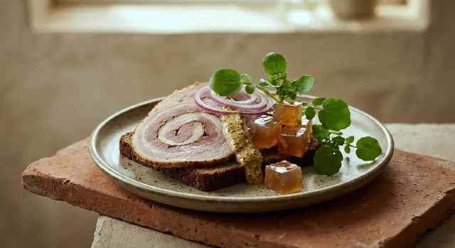 Smørrebrød with Rullepølse, Meat Jelly and Mustard