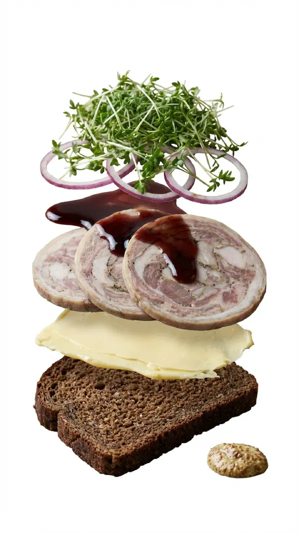 Rullepølse with port wine jelly and mustard assembly © kvalifood.com